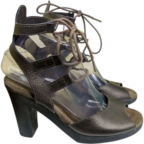 Archer Lace Up Peep Toe Block Heel Sandals Brown Leather Size 38 US 7.5 France - Picture 3 of 13